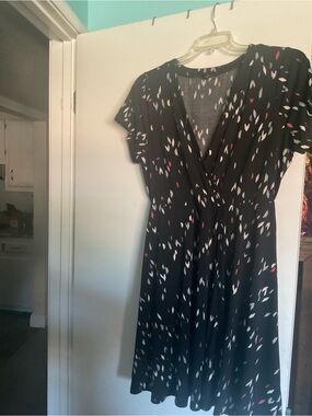 Torrid Black Midi Faux Wrap Dress with White, Grey and Red Abstract Print